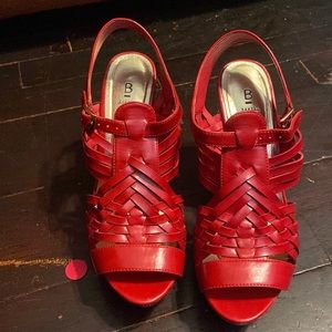 Bakers Red sandals with wooden wedged heel.